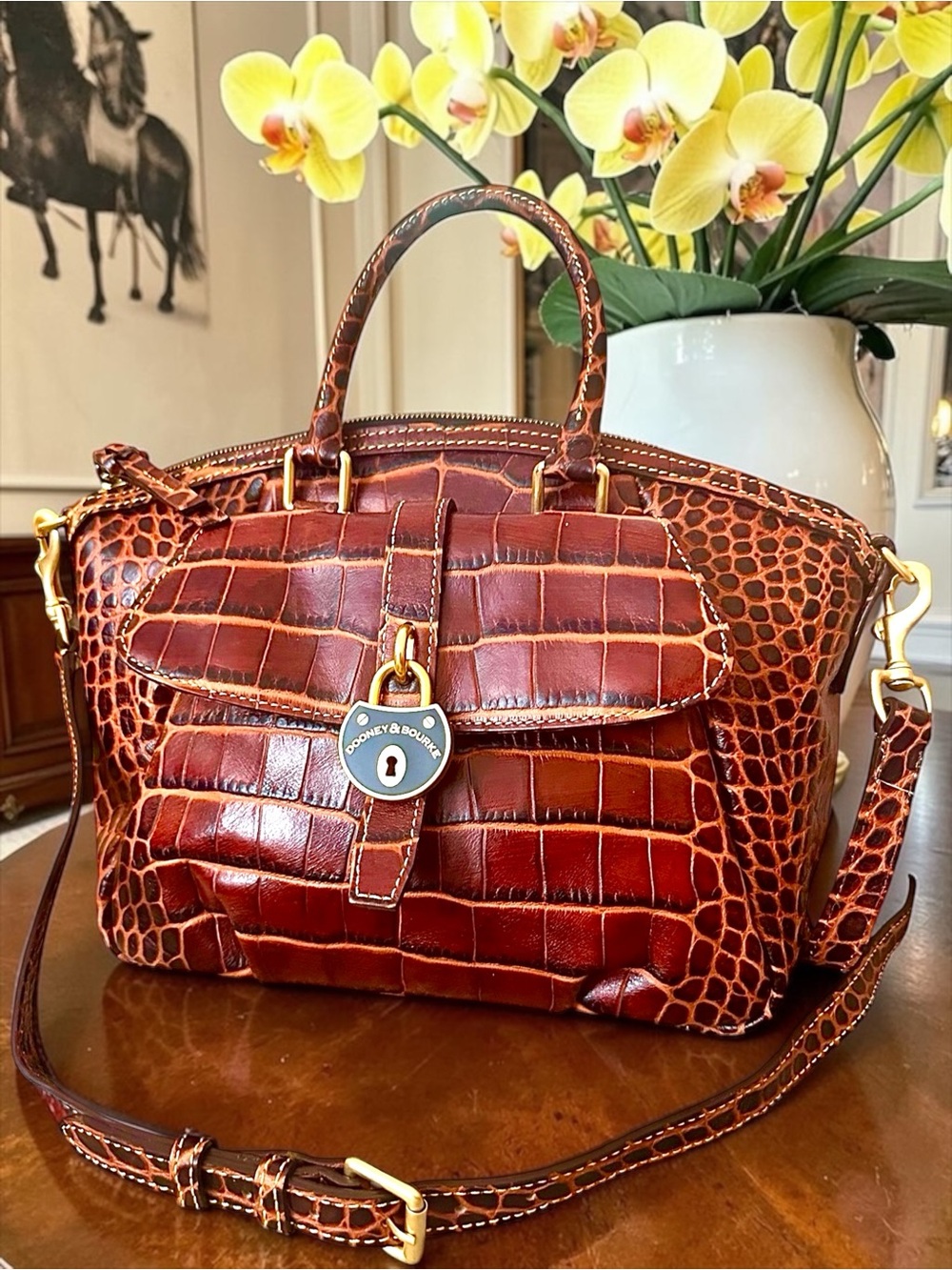 Dooney & Bourke Campbell Croc-Embossed Leather Satchel Cognac Luxury - Like New